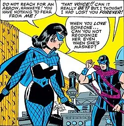 Black Widow with a black bouffant hairdo, a domino mask, a fishnet top, and a cape, standing in the foreground, while Hawkeye stands behind her.