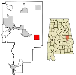 Location of Camp Hill in Tallapoosa County, Alabama.
