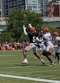 Tee Higgins catches a ball at Cincinnati Bengals training camp in August 2025