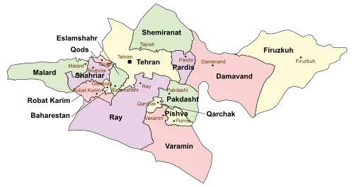 Location of Pakdasht County in Tehran province (center right, green)