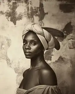 Black and white photo of Tereza de Benguela, she wears spiritual necklaces and has dark skin, wearing a raw cotton dress. She looks forward with seriousness and focus.