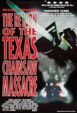 Artwork showing figure in upper right corner wielding a chainsaw; at the bottom center, a silhouette of a female figure running from a truck whose headlights illuminate her; "The Return of the Texas Chainsaw Massacre" title is positioned in the upper left corner in bold red font
