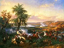 A battle scene showing tightly packed French infantry advancing against native Algerian warriors. The battlefield is filled with smoke from musket fire and occurs on the flat plain; in the distance there are rolling hills.