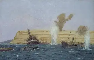 The Base Camp, Cape Helles, Under Shell Fire. The SS River Clyde is seen aground. By Norman Wilkinson, August 1915.