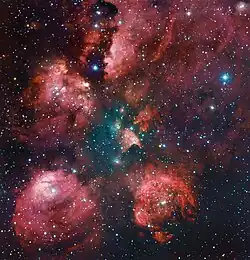 Image 26An image of the Cat's Paw Nebula created combining the work of professional and amateur astronomers. The image is the combination of the 2.2-metre MPG/ESO telescope of the La Silla Observatory in Chile and a 0.4-meter amateur telescope. (from Amateur astronomy)