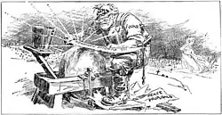 "The Final Answer?" (January 4, 1917), Bradley's last cartoon, depicting War sharpening a sword labeled "renewed efforts" while stomping on a paper labeled "peace proposals"