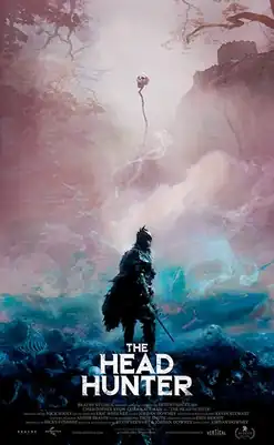 Film poster depicting a warrior standing in a fog-covered forest with a skull hovering in the sky