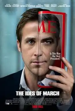 A portrait of a man with the other half of his face obscured of a TIME magazine issue with its cover showing the left side of his face. The text in the magazine cover reads "Is This Man Our Next President?" with the film's title and credits placed below.