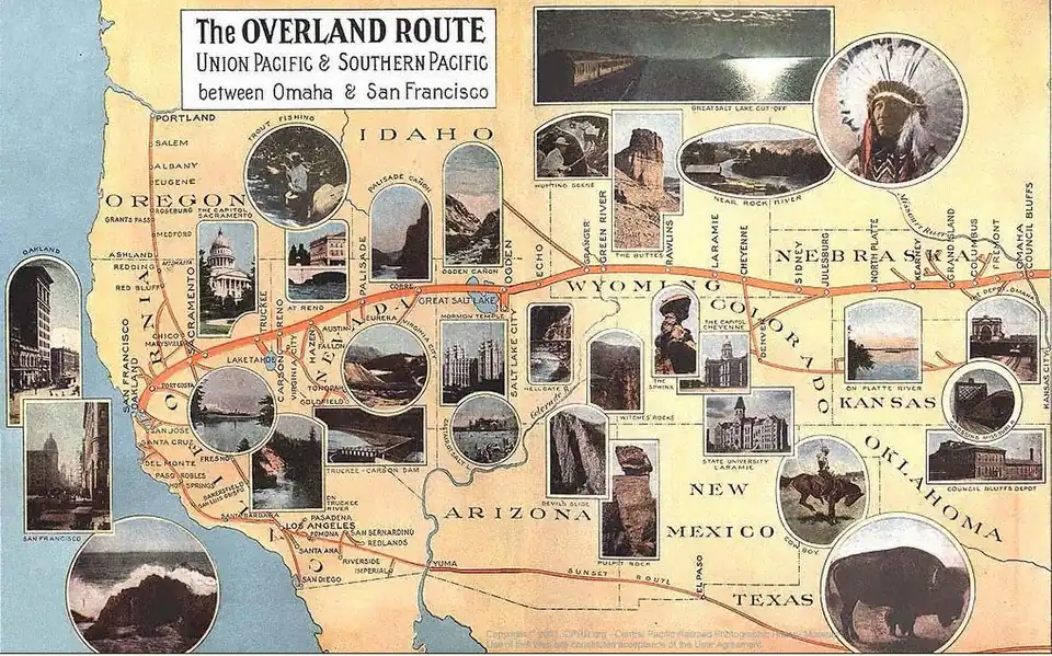 "The Overland Route to the Road of a Thousand Wonders: The Route of the Union Pacific & Southern Pacific from Omaha to San Francisco - A Journey of Eighteen Hundred Miles Where Once the Bison & the Indian Reigned" Union and Southern Pacific Railroad Passenger Departments, 1908.