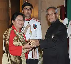The President, Pranab Mukherjee presenting the Padma Shri Award to Smt. Hildamit Lepcha, in New Delhi on April 20, 2013