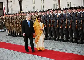 The President of India Pratibha Patil with Polish President Lech Kaczyński inspecting honour guard during her state visit in Poland.
