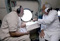 The Prime Minister, Shri Narendra Modi, and the Chief Minister of Bihar, Shri Nitish Kumar, conducting an aerial survey of flood affected areas, in Bihar on August 26, 2017.