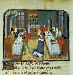 Manuscript illustration of Eris at the wedding of Peleus and Thetis from Jean Miélot's L'Epître d'Othéa c. 1460