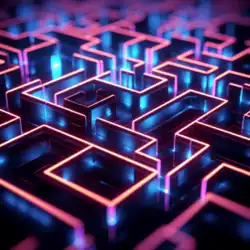 A top-down view of a circuit board-like illuminated maze.