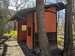 The old waiting arbor (koshikake) from 1935 that survived the fire in 1969. It can still be viewed in the park behind the Museum of Ethnography, Stockholm.