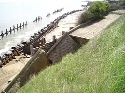 This is the collapsed access slipway to the lifeboat station in the village of Happisburgh. The collapse was caused by coastal erosion in 2003 and made the use of the station in this location impossible. The station moved half a mile south to Cart Gap