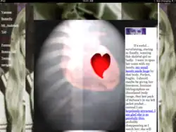 Screenshot showing webpage with several frames, background images, an image of something unclear with a red heart, superimposed text.
