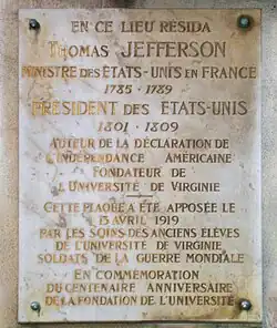 Memorial plaque on the Champs-Élysées, Paris, France, marking where Jefferson lived while he was Minister to France.