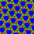Snub trihexagonal tiling (ignoring the colors: p6); the translation vectors are rotated a little to the right compared with the directions in the underlying hexagonal lattice of the image