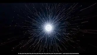 A bright, white sphere, emitting light and heat as it dies. The year is 38 billion trillion trillion trillion trillion trillion trillion trillion, and the event is "Last black hole evaporates."