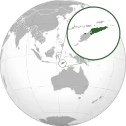Location of Timor-Leste (green) toward the eastern end of the Indonesian Archipelago