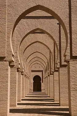 Rows of pointed horseshoe arches in the Tinmal Mosque (12th century)