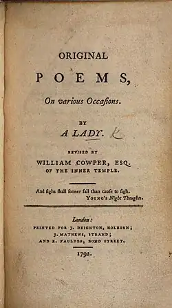 Title page of Frances Maria Cowper Original Poems 2nd ed 1807.