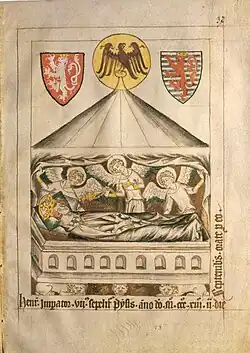 Tomb of Henry VII (d. 1313), with the emperor's coats of arms and the imperial eagle (Codex Balduini Trevirorum, c. 1340)