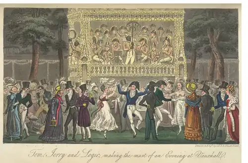 outdoor evening scene with people in early 19th-century costume dancing in front of a bandstand