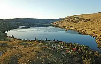 Aerial view of Torrey Lake, looking southeast over the Historic District (cabins in foreground)