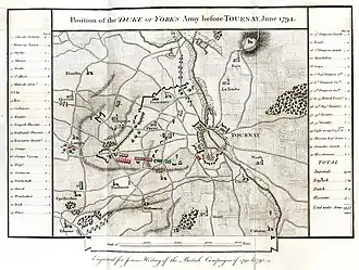 Sepia print shows a map of Tournai's defenses in June 1794.