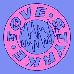 An illustrated single cover with the name of the artist written in a pink circle over a blue background.