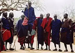 Image 36Maasai wearing traditional clothes named Matavuvale while performing Adumu, a traditional dance (from Culture of Africa)