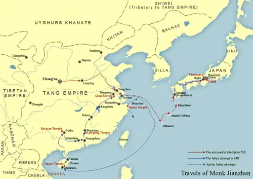 Map of Jianzhen's travels