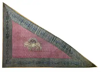 Triangular silk flag of Iran, Qajar dynasty, 3.6 m by 2.03 m, mid-19th century, Quranic verses and the ground pious invocations can be found on edges[18]