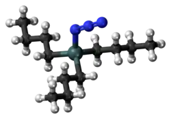 Ball-and-stick model of the butyltin trichloride molecule