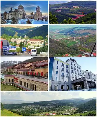 From top, left to right: Kecharis Monastery • Tsaghkadzor Olympic Complex Downtown Tsaghkadzor • Tsaghkadzor skyline Mariott Tsaghkadzor • Eighty Eight Hotel Tsaghkadzor with Tsaghkunyats Mountains
