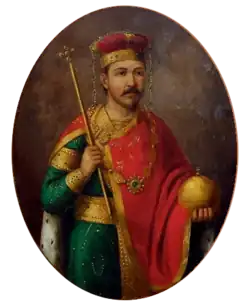 Modern painting of a standing man dressed in a green tunic, red cape, holding a sceptre and globus cruciger and wearing a gold-and-red crown