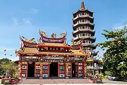 Fu, Lu and Shou statues on the roof of Ling San Temple, a Chinese folk religion's temple in Tuaran, Sabah, Malaysia