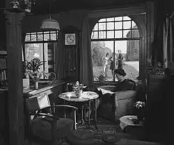 Erna Casparé in her house (former warehouse from 1909) on the school grounds, April 1946