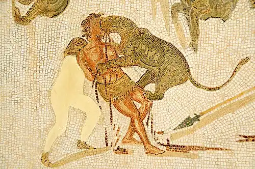 Image 77Condemned man attacked by a leopard in the arena (3rd-century mosaic from Tunisia) (from Roman Empire)