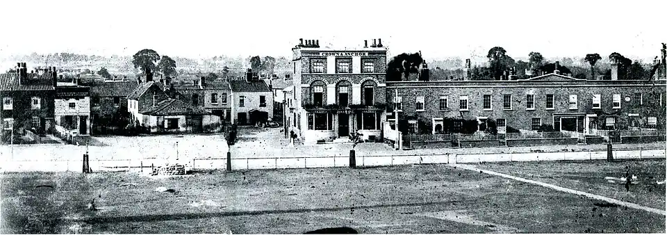 Turnham Green north side with smithy and Crown and Anchor pub (before it was rebuilt), 1863