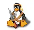 Tux with a headband, bandolier, and rifle