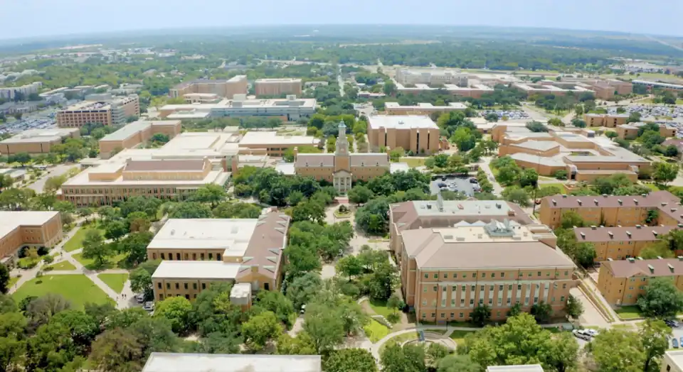 Aerial view of about a quarter of the main UNT campus, looking south (2024).