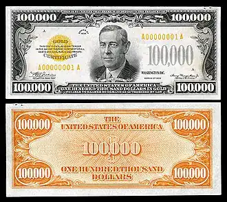 $100,000 Gold Certificate, Series 1934, Fr.2413, depicting Woodrow Wilson.
