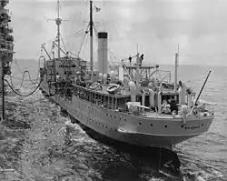 Stern view of the Brazos (AO-4) refueling the USS Yorktown (CV-5) mid-Pacific, July 1940.