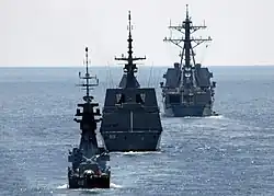 RSS Victory, RSS Intrepid and USS Chafee maneuvers in formation in preparation for a surface gunnery exercise during Cooperation Afloat Readiness and Training (CARAT) 2009.