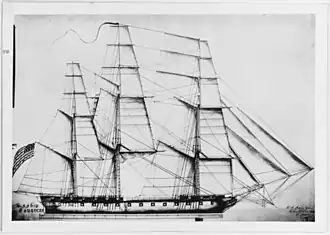 A drawing of a ship's sails. The ship has 3 masts in which all sails are set and full of wind. The bow of the ship is pointed to the right of the frame.