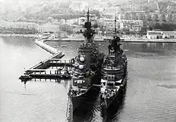 USS&nbsp;Little Rock and USS Albany docked at the refueling pier at Gaeta, Italy in 1976.