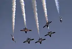 Andrews Air Force Base, Md. (May 14, 2004) - The Canadian Forces air demonstration team, "Snowbirds," prepare to separate from each other as they dive towards show center at the 2004 Joint Service Open House. The "Snowbirds" fly a show consisting of nine Canadair CT-114 Tutor basic pilot training aircraft. The Open House, held on May 14-16th at Andrews Air Force Base, Md., showcased civilian and military aircraft from the Nation's armed forces, which provided many flight demonstrations and static displays. U.S. Navy photo by Photographer's Mate 2nd Class Daniel J. McLain.